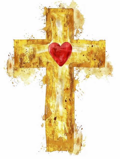 キリスト教の祝祭のための赤い心の黄金の十字架の水彩画 ジェネレーティブAI