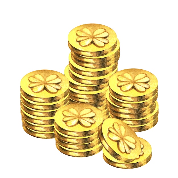 Фото Акварельные золотые монеты с четырьмя листьями клевера для финансов казино джекпот счастье день святого патрика