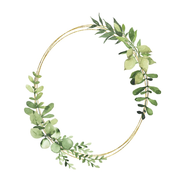 Photo watercolor gold geometrical wreath with greenery leaves branch twig plant herb flora isolated