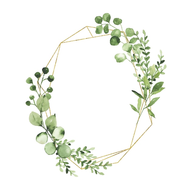 Foto corona geometrica dell'oro dell'acquerello con foglie verdi ramo ramoscello pianta erba flora isolata