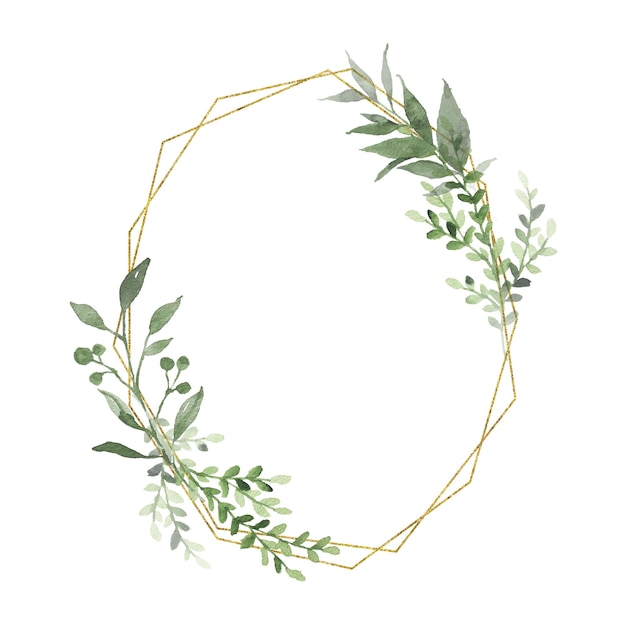 Photo watercolor gold geometrical wreath with greenery leaves branch twig plant herb flora isolated