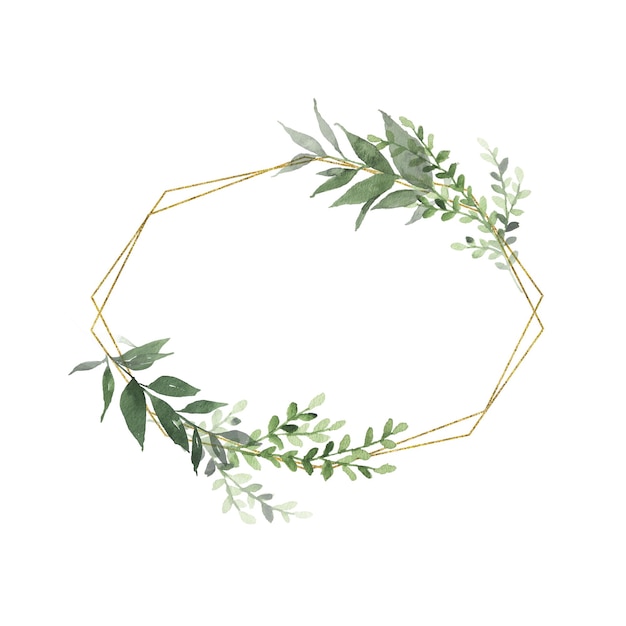 Watercolor gold geometrical wreath with greenery leaves branch twig plant herb flora isolated