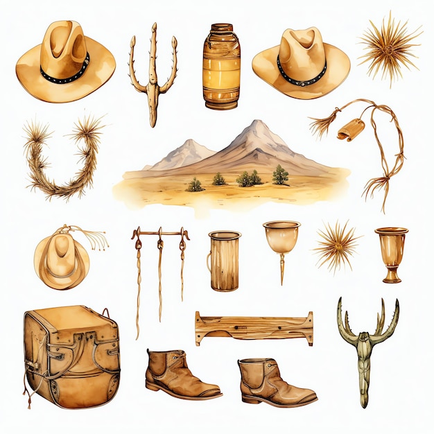 watercolor gold western wild west cowboy desert illustration clipart