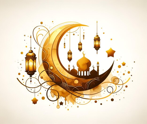 이드 알 피트르 (Eid al fitr) 에 적합한 모스크와 등불과 함께 수채화 황금 반달 달