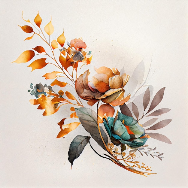 Watercolor golden flowers isolated on white background illustration Generative AI