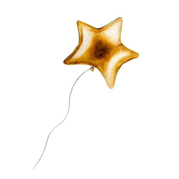 Watercolor golden foil star balloon on a strings Hand drawn birthday and party decoration isolated o