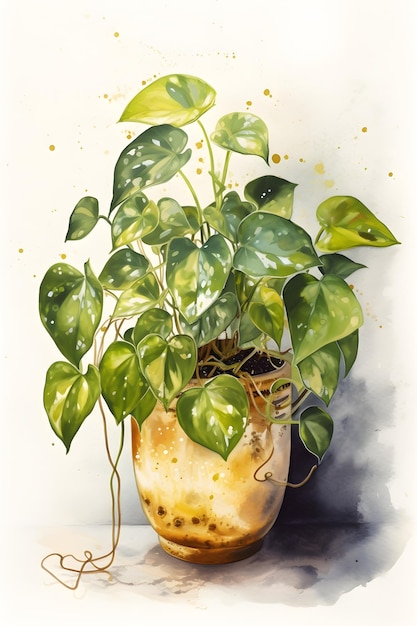 Photo watercolor golden pothos in pot art print for minimalist decor generative ai