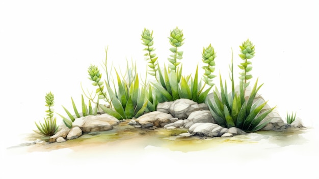 Photo watercolor grass and weeds drawing on rocks illustration