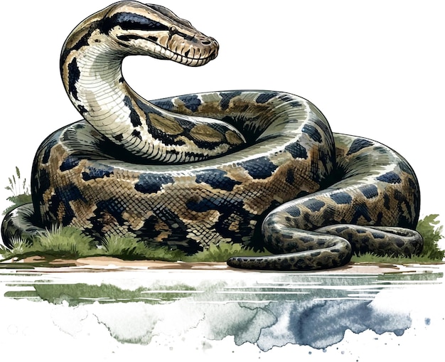 Watercolor Green anaconda tropical forest wildlife