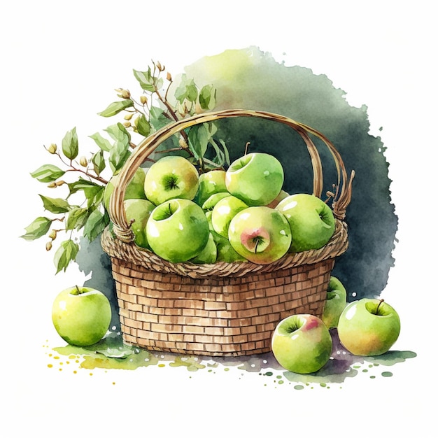 Watercolor Green Apples in Basket Food Fruit Creative Illustration