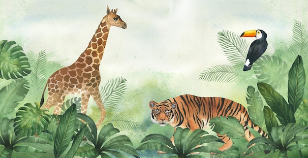 Watercolor green background jungle and plants tiger giraffe and toucan banner or border for children wallpaper
