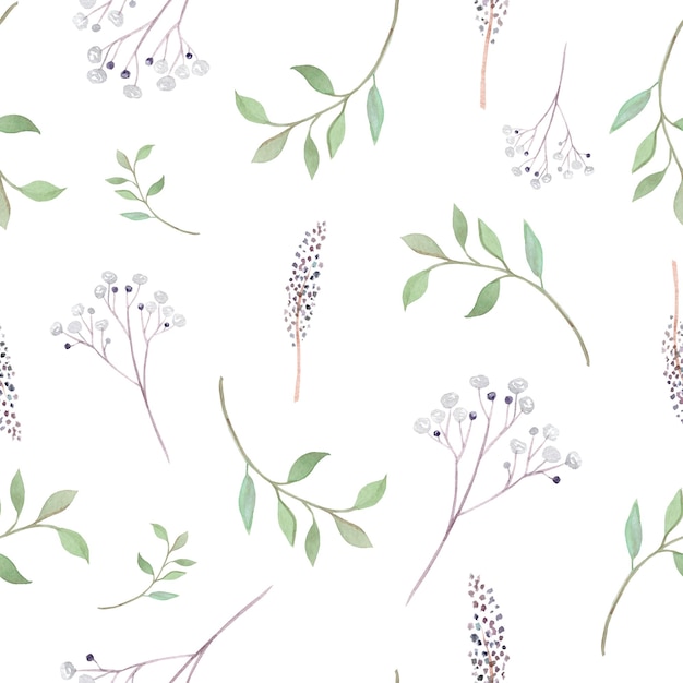 watercolor green branches and dried flowers seamless pattern on white