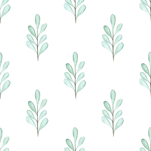 Watercolor green branches seamless pattern on white background