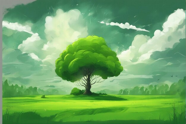 watercolor green city grassy landscape with a tree