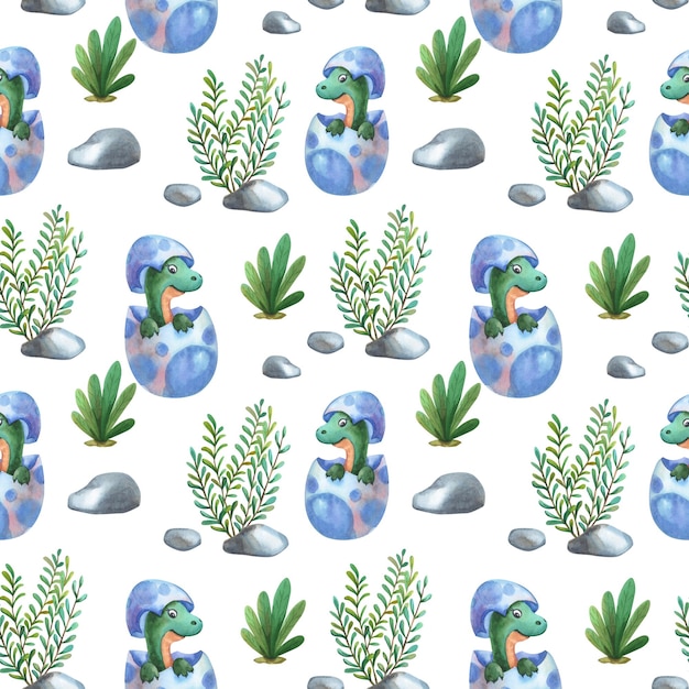 Watercolor green dinosaur baby in egg Animal kid Seamless pattern Watercolour illustration