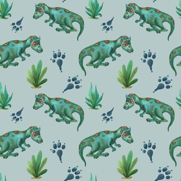 Watercolor green dinosaur cute gasosaurus with leaves of grass\
on a gray background