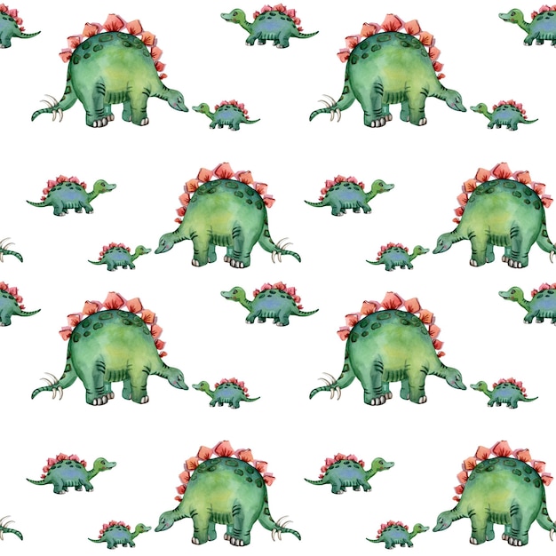 Watercolor green dinosaur mother and baby Seamless pattern Cute stegosaurus