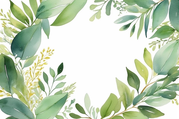 Watercolor green floral frame with eucalyptus greenery leaves on golden frame