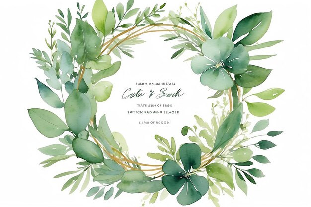 Watercolor green floral frame with eucalyptus greenery leaves on golden frame