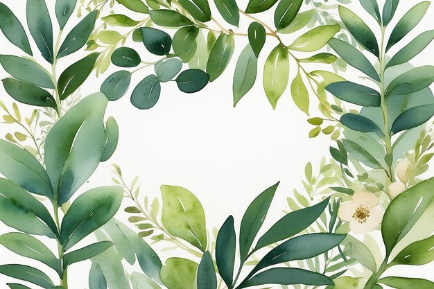 Photo watercolor green floral frame with eucalyptus greenery leaves on golden frame