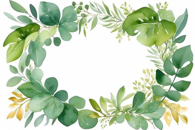 Watercolor green floral frame with eucalyptus greenery leaves on golden frame