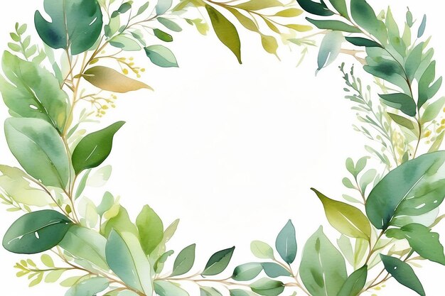 Watercolor green floral frame with eucalyptus greenery leaves on golden frame