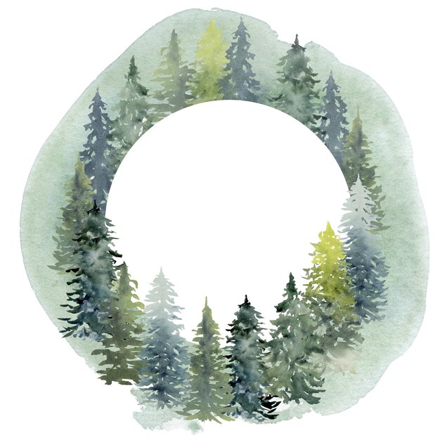 Cornice della foresta verde dell'acquerello, illustrazione dell'albero della foresta, paesaggio verde. invito a nozze