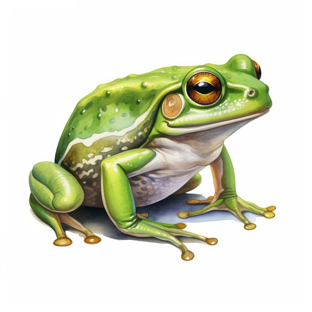 Watercolor green frog on white background