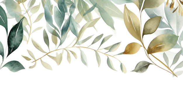 Watercolor green and golden leaves border Illustration AI GenerativexA