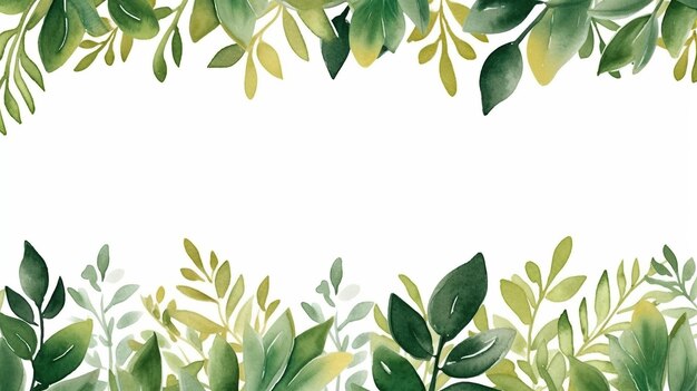 水彩の緑色の葉の背景 白い背景に手描きのイラスト