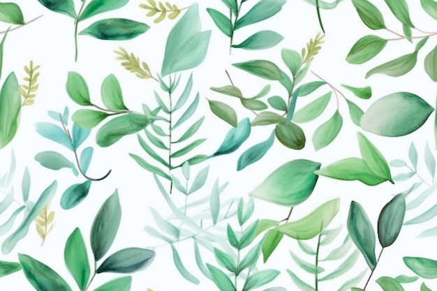 Watercolor Green Leaves Seamless Pattern Ai generative