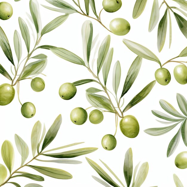 Photo watercolor green olive on the branch pattern in the style of naturebased patterns