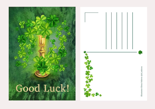 Watercolor green shamrock and gold candlestick for st patricks day magic treasure