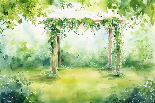 Watercolor green wedding venue arch landscape garden vector with blooming