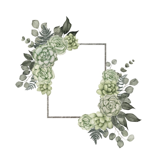 Foto corona floreale da matrimonio in acquerello con piante succulente, felce, eucalipto e altre foglie verdi
