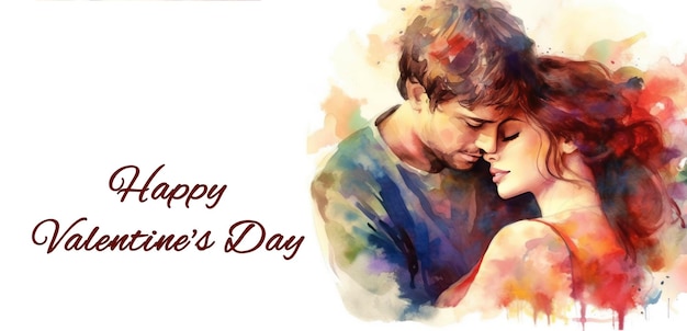 Watercolor greeting card with a young couple in love and the inscription Happy Valentines Day