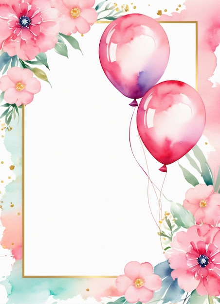 Foto cartolina di auguri ad acquerello sullo sfondo del compleanno con fiori e palloncini