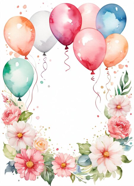 Photo watercolor greetings card birthday background with flowers and balloons