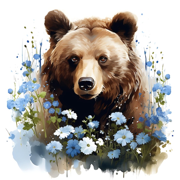 Watercolor Grizzly Bear Wild Animal Surrounded by ForgetMe on White Background Digital Art