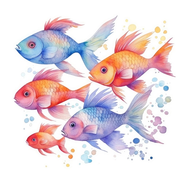 Watercolor of a group of colorful fish swimming together in a school