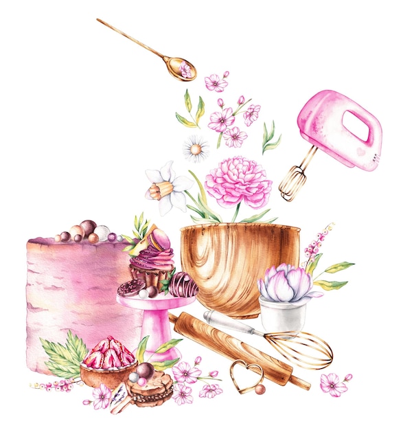 Watercolor group of desserts bakery tools flowers on a white background