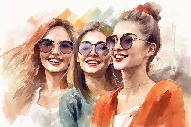 Watercolor Group of happy women smiling