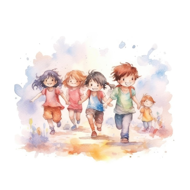 一緒に遊んでいる子供たちのグループの水彩画