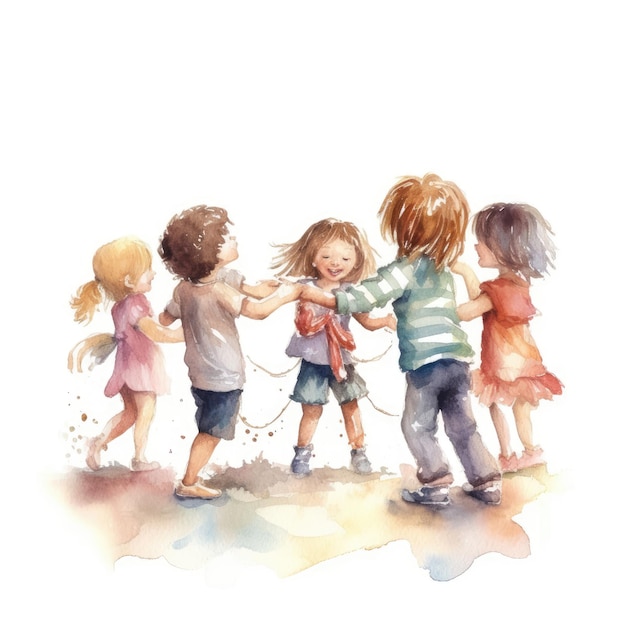 watercolor of a group of kids playing together