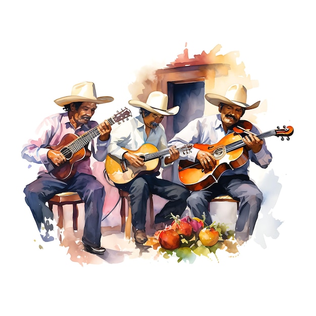 Photo watercolor of a group of musicians playing traditio creative design posadas mexico festiva