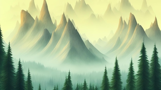 水彩画群樹 モミ 松 スギ モミの木 緑の森の風景 森の風景