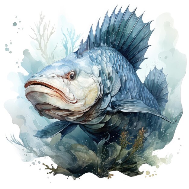 Photo watercolor halibut dragon clipart generative ai