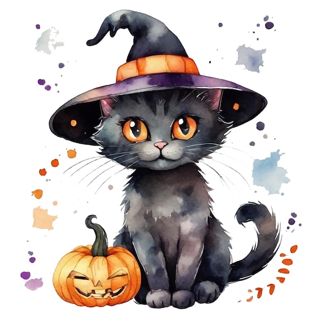 Watercolor halloween black kitten cat in hats with pumpkins