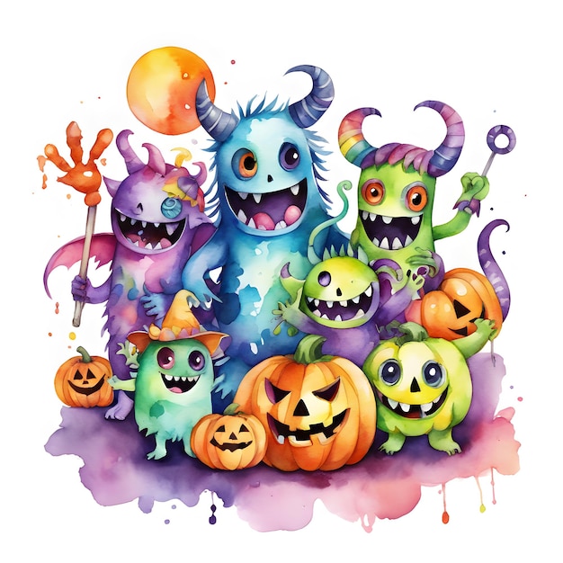 Watercolor Halloween monsters clipart generative ai