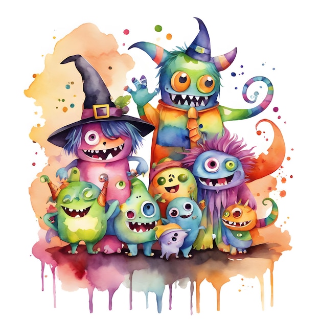 Watercolor Halloween monsters clipart generative ai